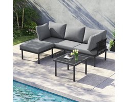 Tuin Ecksofa Set met Hocker - Grijs/Zwart - Verzinkt Staal - Glazen Tafel - Olefin Stof