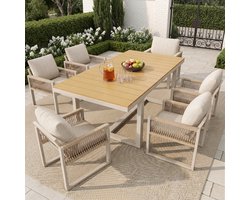 Tuin-Eetgroep - 7-delig - Tafel + 6 Stoelen - Seilgeflecht + Kussens - Weerbestendig - Modern - Beige
