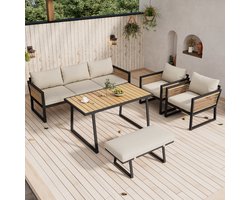 Tuin Eetgroep, Tuin Lounge Stoelen Set, 5-delige Tuinmeubelset, 3-zits bank, 2 fauteuils, Poef en Eettafel, Tafelblad van kunststof hout, Armleuningen van gevlochten touw, gegalvaniseerd staal, Beige