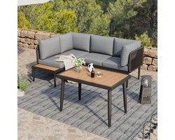 Tuin eethoek, tuinmeubelset, hoekbank + eettafel, hoek, gegalvaniseerde stalen buis, tafelblad kunststof hout, grijs