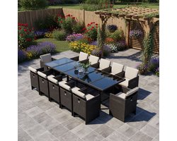 Tuin Eetset 17-delig voor 16 Personen – Grote Rattan Tuinmeubelset met Tafel en Stoelen, Inclusief Kussens, Opklapbare Rugleuningen, Weerbestendig Polyrattan, Schwarz und Creme – Urbanhome