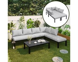 Tuin eetset - tuinmeubelset - loungestoelset - 6 zitplaatsen - verstelbare poten - afneembare rugleuning - modulaire bank - grijs