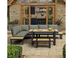 Tuin eettafel en stoelen set - hoekbank - met verstelbare kantelfunctie - inclusief eettafel - bank en sofa - grijs-zwart