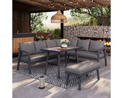 Tuin eettafel en stoelen set - voor 8 personen - gevlochten arm- en rugleuningen - inclusief hoekbank - eettafel - bank - grijs