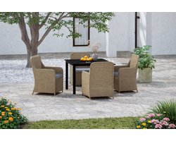 Tuin Eettafel Set 5-Delig met 4 Stoelen en Tafel 80x80x74 cm – Poly-Rattan Bruin/Zwart met Kussens & Glasplaat – Balkon & Terras Meubelset Weerbestendig – Bella