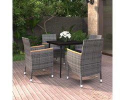 Tuin Eettafel Set 5-Delig met 4 Stoelen en Tafel 80x80x74 cm – Poly-Rattan Grijs met Kussens & Glasplaat – Balkon & Terras Meubelset Weerbestendig – Bella