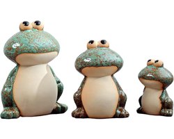 Tuin kikker standbeeld, buiten keramische kikker tuin decoratie, schattige buiten tuin decoratie 3 stuks set, geschikt voor tuin decoratie (groen)
