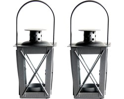 Tuin lantaarn/windlicht - 2x stuks - ijzer - zilver - 7,5 x 7,5 x 11 cm - Tuinverlichting - Kaarsenhouders - Lantaarns