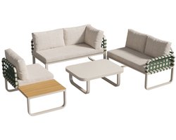 Tuin Lounge Set (4-5 Zits), Groene Leren Rotan Tuinmeubelset, Moderne Buiten Sofa Set inclusief alle zit- en rugkussens, Balkonset, Tuin en Terras, Abrikoos