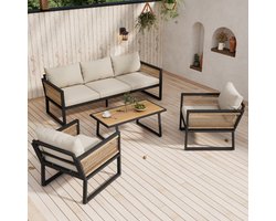 Tuin lounge stoel set, 4-delig Tuinmeubelset, 3-zitsbank, 2 fauteuils en salontafel, buiten, tafelblad van kunststofhout, armleuningen van gevlochten touw, gegalvaniseerd staal, beige