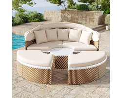 Tuin lounge stoel set - rotan tuintafel en stoelen set - shell tuinstoel - uitschuifbare luifel - opklapbaar tafelblad - beige