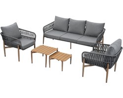 Tuin lounge stoel set, tuinmeubelset met comfortabele kussens, 3-zits bank, 2 fauteuils en 2 salontafels, buiten, WPC tafelblad, houtnerf lak, gegalvaniseerd staal, grijs