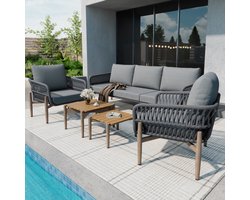 Tuin lounge stoel set, tuinmeubelset met comfortabele kussens, 3-zits bank, 2 fauteuils en 2 salontafels, buiten, WPC tafelblad, houtnerf lak, gegalvaniseerd staal, grijs
