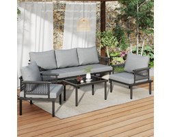 Tuin lounge stoel set, tuinmeubelset met comfortabele kussens, 3-zits bank, 2 fauteuils en salontafel, buiten, glazen tafelblad, armleuningen van gevlochten touw, gegalvaniseerd staal, grijs