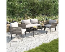 Tuin loungeset - 2 zits bank + 2 fauteuils + salontafel - Geweven PE koord - Glazen tafelblad + gegalvaniseerd staal - Kussens - Grijs