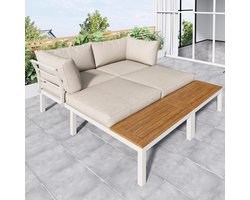 Tuin Loungeset 2-zits met Tafel 120x60x66 cm – Modulair Acaciahout en Verzinkt Staal – Comfortabele Beige Bank voor Terras, Tuin en Serre – Laura