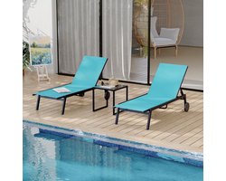 Tuin Loungeset 3-delig - 139x54x32.5cm - 2 Ligstoelen En 1 Salontafel - Textilene Tuinstoel met Verstelbare Rugleuning En Wielen - Ligstoel met Metalen Frame - Voor Tuin Zwembad Terras - Blauw
