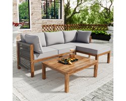 Tuin loungeset 3-delig L-vormig - verstelbare poten - 2 tweezitsbanken - 1 tafel - acaciahouten frame - grijze touw armleuningen