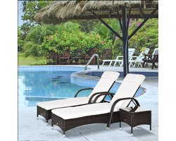 Tuin loungeset 3-delig met 2 verstelbare ligstoelen en bijzettafel – polyrotan wicker tuinset met kussens, wielen en metalen frame – weerbestendig tuinmeubilair – L200 x B73 x H30–103 cm – Furnitureland