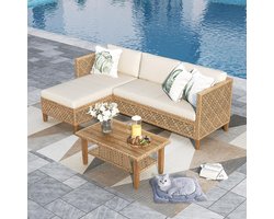 Tuin Loungeset 3-Delig met Chaise Longue, 2-Zits Bank & Tafel 185x122,5x62,5 cm – Rotan Beige met Kussens – Balkon & Terras Lounge Set 4 Personen – Urbanhome