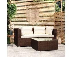 Tuin Loungeset 3-Delig met Hoekbank en Tafel 70x70x60,5 cm – Poly-Rattan Bruin met Kussens – Weerbestendige Balkon & Terras Lounge Set – Urbanhome