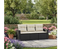 Tuin Loungeset 3-delig met Kussens – Modulaire Tuinmeubelset van Poly Rattan – Weerbestendige Zitgroep voor Tuin & Terras – Comfortabele Tuinbank in Zwart & Crème – Luxe Buitenmeubelen – Medahomestore