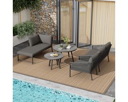 Tuin Loungeset (4-5 Tuin Loungeset, Touw Tuinmeubelset, Moderne Buitensofaset Handgeweven Touw, Inclusief Alle Zit- en Rugkussens, Balkonset, Tuin en Terras, Grijs