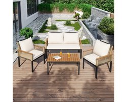Tuin Loungeset - 4-delige set - 2-zitsbank - 2 Fauteuils - Salontafel van acaciahout - PE-rattan - Gegalvaniseerd staal - Beige