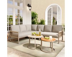 Tuin Loungeset 6-7 pers. - Beige - Verzinkt IJzer - Verstelbare Poten - 2 Tafels (Marmer/Houtlook)