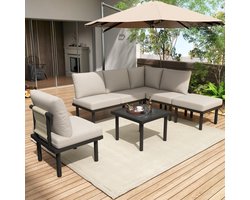Tuin Loungeset 6 Delig - Tuinset Met Touwdesign Beige Met Kussens Glazen Tafel Voor Terras En Tuin