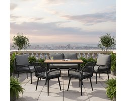 Tuin Loungeset 6 Personen XL – Outdoor Zitgroep met Bank, Stoelen & WPC Tafelblad – Weerbestendig GEVLOCHTEN Touw & Stalen Frame – Antraciet/Grijs – Afmetingen: 179 cm Diepte – Altameubel Sienna Luxe