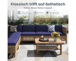 Tuin Loungeset 6-Persoons 185x122,5x62,5 cm – Boho Rotan Lounge Set met Tafel en Dikke Kussens – Weerbestendige Balkon & Terras Meubelset Donkerblauw – Laura