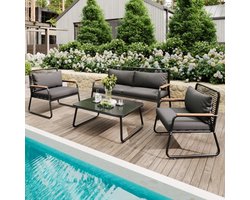 Tuin loungeset, bank-tafelset voor 4 personen met gegalvaniseerd ijzeren frame, gehard glazen tafelblad, verstelbare poten, inclusief alle zit- en rugkussens, zwart