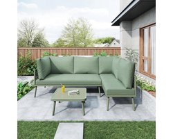 Tuin Loungeset L-vorm 120x120x72 cm met Kussens, IJzeren Frame, Glazen Tafel en Verstelbare Poten – Groen – 2-Delige Hoekbank + Tafel – Laura