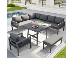 Tuin Loungeset - L-vormige set - 7-delige set - 3 Banken - Fauteuil - Salontafel met marmerlook - Gegalvaniseerd ijzer - Grijs