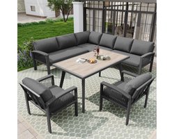 Tuin loungeset, meubelset voor 8 personen, touwwerk, grote tafel met houtnerf, met gegalvaniseerd ijzeren frame, verstelbare poten, alle zit- en rugkussens inbegrepen, grijs