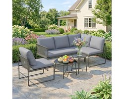 Tuin Loungeset - Modulaire Hoek Loungeset Met Salontafels - Tuinmeubelen Met Wasbare Kussens En Opbergvak - Donkergrijs