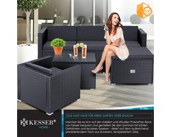 Tuin Loungeset Polyrotan 4-5 Personen – 3-Zits Bank, Stoel, Kruk & Glazen Bijzettafel – Weerbestendig, Ruimtebesparend Balkon & Terras Meubelset 130 x 178 x 65 cm Nicolehome