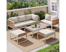 Tuin loungeset, rotan meubelset voor 6-7 personen, hoekbank met gegalvaniseerd ijzeren frame, verstelbare poten, inclusief alle zit- en rugkussens, beige