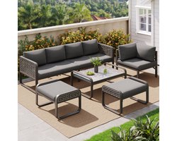 Tuin loungeset, rotan meubelset voor 6-7 personen, hoekbank met gegalvaniseerd ijzeren frame, verstelbare poten, inclusief alle zit- en rugkussens, grijs