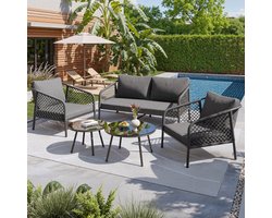 Tuin loungeset, touw tuinmeubelset, moderne buitensofaset, grijs touw, glad glazen tafelblad, inclusief alle zit- en rugkussens, loungemeubels, balkonset, tuin & terras