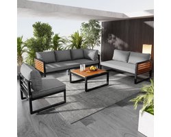 Tuin loungeset, tuinbankset voor 5-6 personen, moderne buitenbankset, tuinmeubelset met gegalvaniseerd ijzeren frame, decoratieve houten armleuningen, loungemeubels, balkonset, tuin & terras