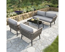 Tuin loungeset, tuinmeubelset met comfortabele kussens, 2-zitsbank, 2 fauteuils en salontafel, gevlochten PE-touw van imitatie watergras, zwart glazen tafelblad, gegalvaniseerd staal, grijs