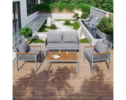 Tuin loungeset, tuinmeubelset met comfortabele kussens, dubbele bank, 2 fauteuils en tafel, buiten, rotan, tafel en stoelen, grijs