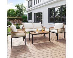 Tuin loungeset, tuinmeubelset met comfortabele kussens, tweepersoonsbank, 2 fauteuils en tafel, buiten, rotan, tafel en stoelen, beige