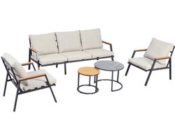 Tuin loungeset, tuinmeubelset met kussens, 3-zitsbank, 2 fauteuils en 2 salontafels, marmer gelakt glasblad en kunststof-hout blad, gegalvaniseerd staal, grijs