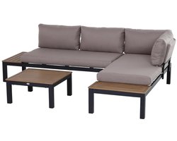 Tuin loungeset - Tuinset - 3-Delige Loungeset - 3-4 Zits - L-vormige Tuinmeubelset - Hoekbank - Tuintafel - met Planken, Bijzettafel en Zitkussen + Kussen - Ideaal voor tuin, balkon en terras - Hoeklounge - Zitgroep - Grijs + Naturel