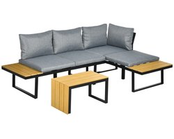 Tuin loungeset - Tuinset - 5-Delige Loungeset - 3-4 Zits - L-vormige Tuinmeubelset - Hoekbank - Tuintafel - met Planken, Tafel en Zitkussen + Kussen - Ideaal voor tuin, balkon en terras - Hoeklounge - Zitgroep - Donkergrijs + Naturel