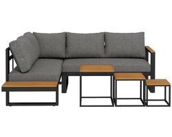 Tuin loungeset - Tuinset - 5-Delige Loungeset - 4-5 Zits - L-vormige Tuinmeubelset - Hoekbank - Tuintafel - met Planken, Tafel en Zitkussen + Kussen - Ideaal voor tuin, balkon en terras - Hoeklounge - Zitgroep - Grijs + Naturel