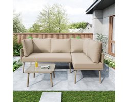 Tuin loungeset van ijzer, tuinmeubelset, L-vormige tuinmeubelset, loungeset van met zitkussens, verstelbare poten, 2 banken en 1 tafel, khaki